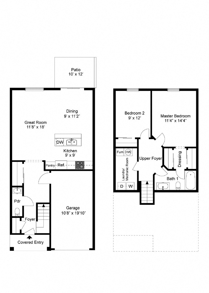 Floor plan for 2 beds, 1.5 baths, 1160 sqft